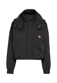 Mustmust jakk, mis on valmistatud sileda ja kerge kangaga. Omab kõrget krae, kahte esist zip-taskut ja logo vasakul küljel.