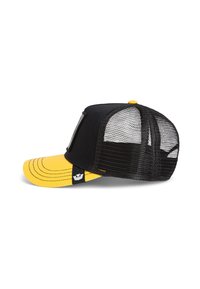 Black and yellow trucker cap with a mesh back, curved brim, and embroidered logo. Features a yellow top button and contrasting stitching.