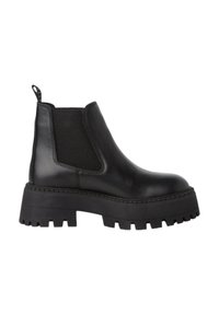 Botas Chelsea de cuero negro con un panel lateral elástico texturizado, suela de goma gruesa y tirador en el talón.