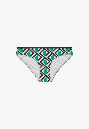 Bikini-Hosen aus dehnbarem Stoff, mit einem geometrischen schwarz-weißen Muster und grünen Akzenten sowie einem schwarzen Bund.