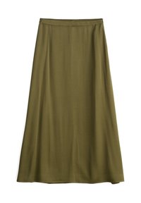 Olivově zelená sukně střední délky vyrobená z lehkého, hladkého materiálu; má jednoduchý, rovný design a diskrétní pas.