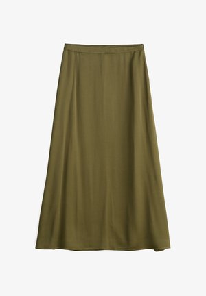 Olijfgroene, middellange rok van lichtgewicht, gladde stof; heeft een eenvoudig, recht ontwerp en een discrete tailleband.