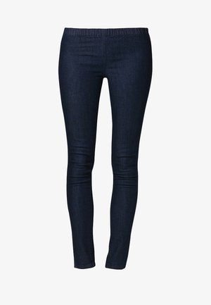 Donkerblauwe slim-fit broek met elastische tailleband en zonder zichtbare zakken, getoond op een witte achtergrond.