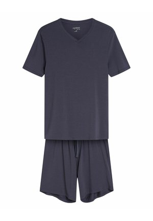 Granatowa bawełniana koszulka z krótkim rękawem w kształcie litery V oraz pasujące szorty. Szorty mają elastyczny pas. Lekka, gładka tekstura.