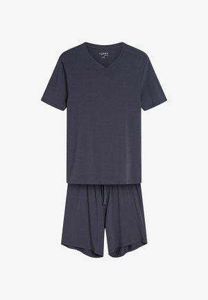 Granatowa bawełniana koszulka z krótkim rękawem w kształcie litery V oraz pasujące szorty. Szorty mają elastyczny pas. Lekka, gładka tekstura.
