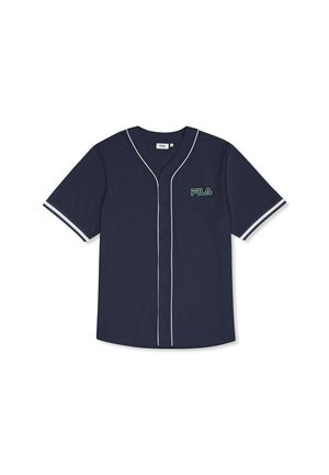 Mørkeblå kortærmet baseballskjorte med knapper foran, hvide pipingdetaljer og grønt FILA-logo på venstre bryst.
