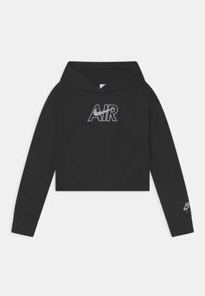 Sudadera negra corta hecha de algodón, con un gráfico frontal de "AIR" y el logo de Nike en la manga. El diseño incluye una capucha con cordón.