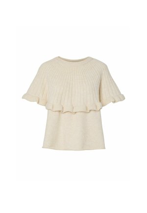 Kremfarget kortermet genser i strikk med ribbestruktur, volangkant langs brystet og ermene, og rund hals.