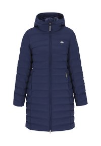 Gewatteerde marineblauwe jas met capuchon, rits aan de voorkant en gequilt textuur. Bevat logo-accenten en zijzakken voor functionaliteit.