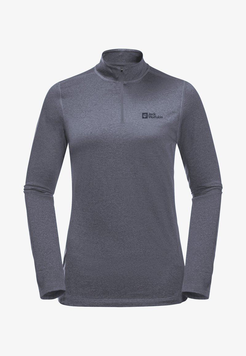 Grå långärmad tröja med fyrdelad dragkedja. Har en slät yta och en liten svart logotyp på bröstet för varumärkning.