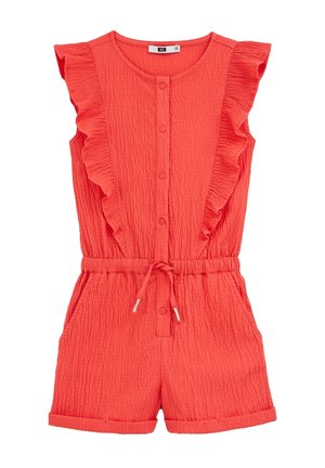 Coral romper with short sleeves, ruffled accents, textured fabric, front button closure, elastic waist, and side pockets.