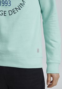 Mentazöld pulóver, amely pamutból készült, bordás mandzsettákkal és aljjal, elöl kerek logóval nyomtatva, és egy textil címkével az oldalon.
