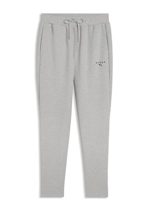 Hellgraue Jogginghose mit elastischem Bund, Kordelzug, Seitentaschen und kleinem schwarzen "HYROX"- und Puma-Logo am linken Oberschenkel.