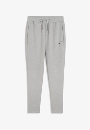 Pantalon de survêtement gris clair avec ceinture élastique, cordon de serrage, poches latérales, et petit logo noir "HYROX" et Puma sur la cuisse gauche.