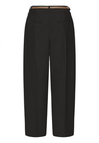 Black wide-leg trousers with a braided brown belt. Features two back pockets and a smooth texture, tailored for a relaxed fit.