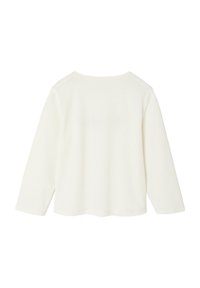 Long-sleeve, round-neck top in off-white fabric. Features a relaxed fit and soft texture, with no visible patterns or hardware.