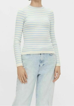 Light ribbed long-sleeve top in soft blue and pale yellow stripes. Crew neckline, fitted silhouette, paired with light denim jeans.