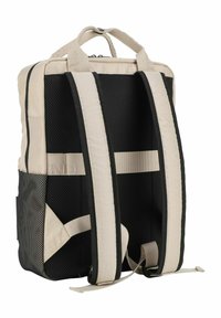 Zaino con corpo in tessuto beige, pannelli in rete nera, ampie cinghie regolabili, manico superiore e chiusura con zip.