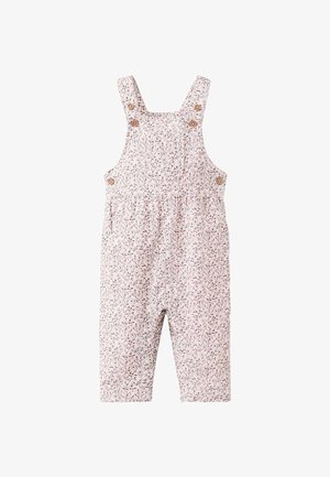 Salopette roses à motif floral avec bretelles ajustables, boutons en bois et coupe décontractée. Confectionnée en tissu léger et respirant.