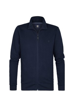 Navy vetoketjullinen huppari, joka on valmistettu teksturoidusta kankaasta; siinä on pystykaulus ja pitkät hihat, joissa on resorit. Minimalistinen brändäys rinnassa.