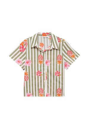 Short-sleeve button-up shirt with olive and white vertical stripes, decorated with pink, red, and orange tropical flowers and pineapples.