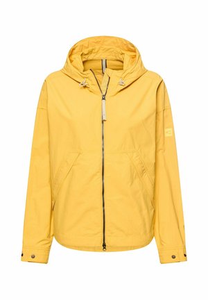 Yellow lightweight hooded jacket with front zipper, two angled pockets, adjustable hood cords, and snap-button cuffs.