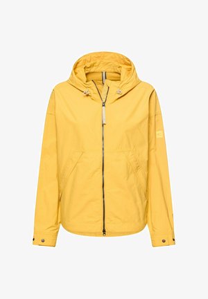 Geel lichtgewicht jack met capuchon, voorrits, twee schuine zakken, verstelbare koorden aan de capuchon en drukknoop manchetten.