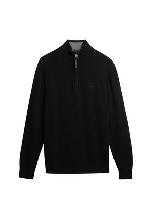 Sort pullover sweater med høj krave og kvart-lynlås. Fremstillet af blødt stof, der har en enkel, glat tekstur og minimal branding.