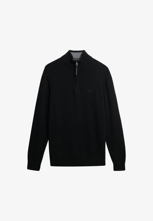 Czarny sweter z wysokim kołnierzem i zamkiem błyskawicznym do jednej czwartej. Wykonany z miękkiego materiału, charakteryzujący się prostą, gładką fakturą i minimalnym oznakowaniem.