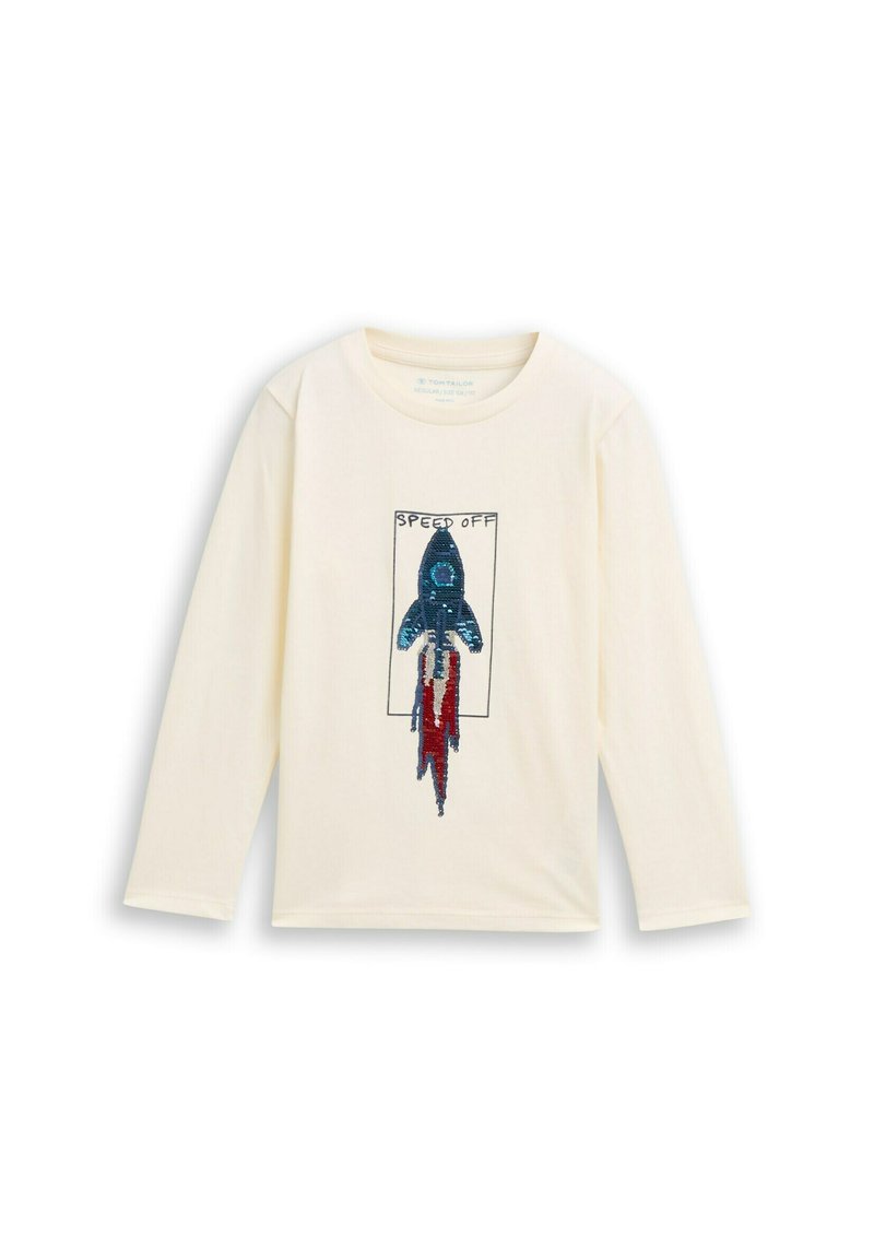 Langärmliges Creme-T-Shirt mit einem Pailletten-Raketenmotiv in Blau und Rot sowie dem Text "SPEED OFF" darüber. Aus weichem Baumwollmaterial.