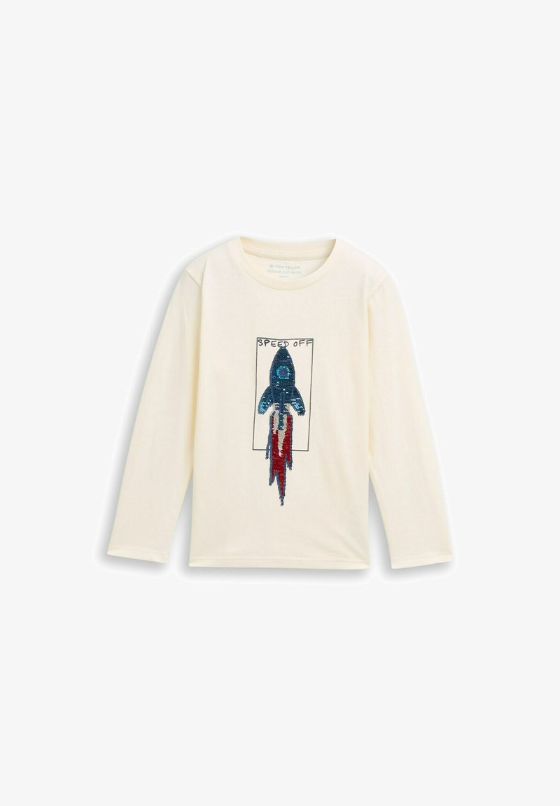 Langärmliges Creme-T-Shirt mit einem Pailletten-Raketenmotiv in Blau und Rot sowie dem Text "SPEED OFF" darüber. Aus weichem Baumwollmaterial.