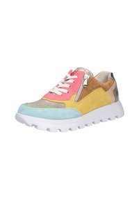 Sneaker multicolore con accenti in suede e metallici. I colori includono rosa, giallo, blu e marrone, con suola in gomma bianca e chiusura con zip.