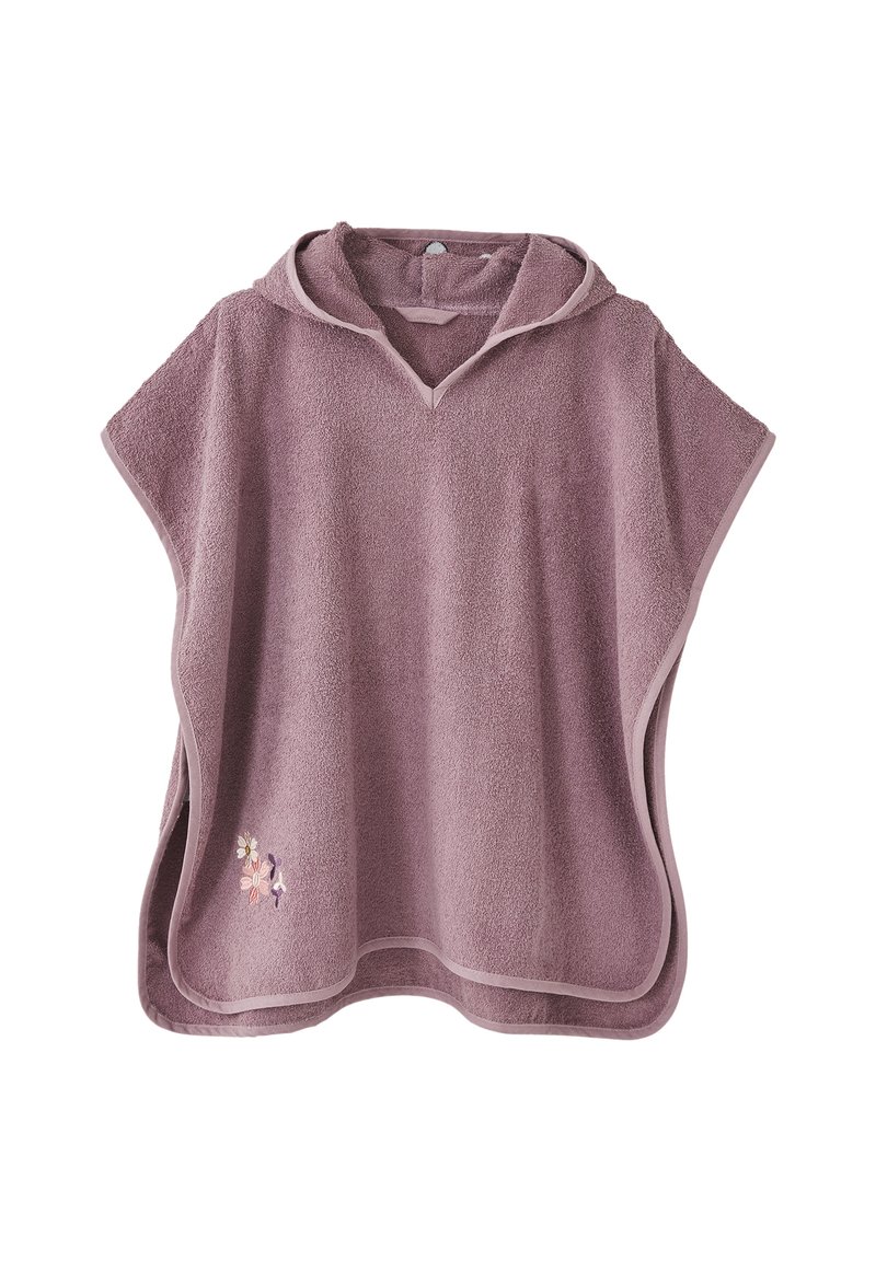 Soft lavender hooded towel poncho with floral embroidery near the hem and wide arm openings, designed for easy wear and drying.
