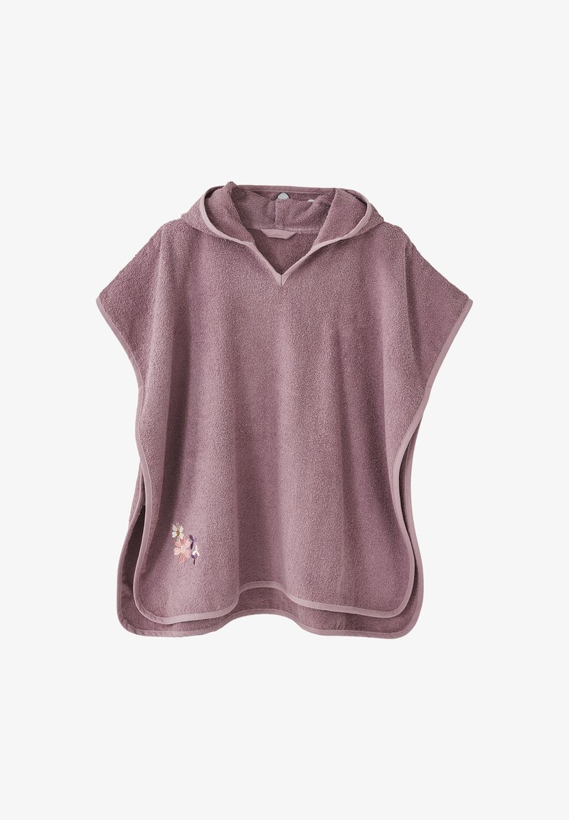Soft lavender hooded towel poncho with floral embroidery near the hem and wide arm openings, designed for easy wear and drying.