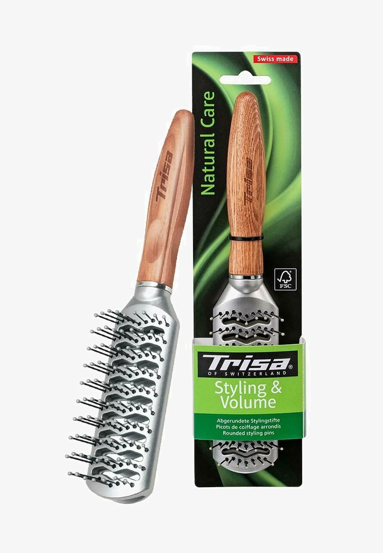 Runde Haarbürste mit einem silbernen Metallkopf und einem Holzgriff, ausgestattet mit abgerundeten Stylingstiften und einer grünen Verpackung, die mit "Natural Care" beschriftet ist.