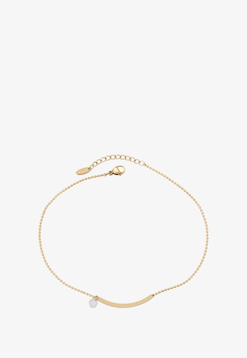 Finom arany gyöngyös karkötő ívelt rúddal és kis tiszta drágakő charm-mal, állítható lánccal és homár kapoccsal.