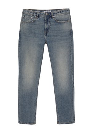 Világoskék farmernadrág egyenes lábfejjel, elhalványult textúrával, öt zsebes kialakítással és gombos-cipzáras záródással.