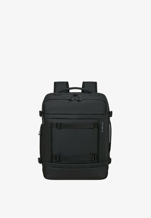 Black rectangular backpack with padded straps, top handle, multiple zippered compartments, and front attachment straps.