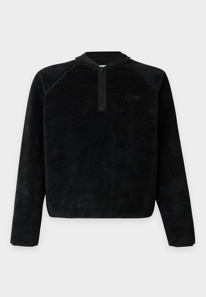 Black long-sleeve fleece pullover with a short front zipper and a subtle logo on the left chest.