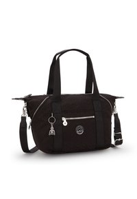 Black bag made of textured fabric with dual handles, adjustable shoulder strap, zippered pocket, and a charm. Features silver hardware accents.