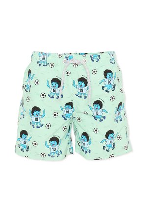 Pantaloncini verde chiaro con giocatori di calcio blu in stile cartone animato che indossano la maglia numero 10 e palloni da calcio bianco e nero sparsi.