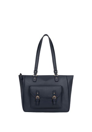 Sac fourre-tout en cuir noir avec double poignée, poche à rabat sur le devant sécurisée par deux boucles, et détails en métal doré.