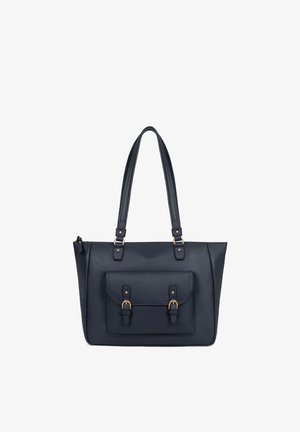 Borsa tote in pelle nera con doppi manici, tasca frontale a patta chiusa da due fibbie e dettagli in metallo dorato.