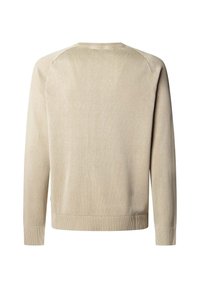 Beżowy sweter z długimi rękawami, prążkowanymi mankietami i krawędzią. Gładka faktura i prosty, minimalistyczny design z okrągłym dekoltem.