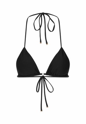 Schwarzes Dreieck-Bikini-Top mit verstellbaren dünnen Trägern, die am Hals und am Rücken gebunden sind, mit einem schlichten Design und minimalen Hardware-Akzenten.