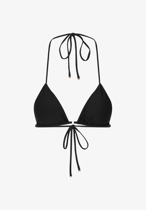 Czarny bikini top w kształcie trójkąta z regulowanymi, cienkimi ramiączkami, wiązany na szyi i plecach, charakteryzujący się prostym wzornictwem i minimalnymi akcentami w hardware.
