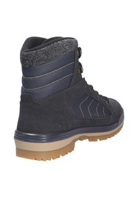 Donkerblauwe suède en stoffen enkellaarzen met een grijze rand, getextureerde zijaccenten, metalen oogjes en een robuuste gumrubber zool.