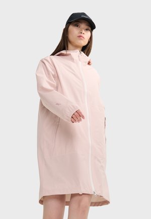 Lichtroze waterdichte jas met een capuchon, frontale rits, zijzakken en elastische manchetten, met een relaxte, verlengde pasvorm.