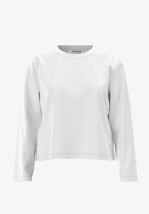 White long-sleeve top with a round neckline, made from soft fabric, featuring minimal stitching details and a relaxed fit.