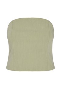 Top verde sin tirantes hecho de tela texturizada. Presenta una silueta ajustada, superficie lisa y costuras limpias. Sin adornos ni acentos.